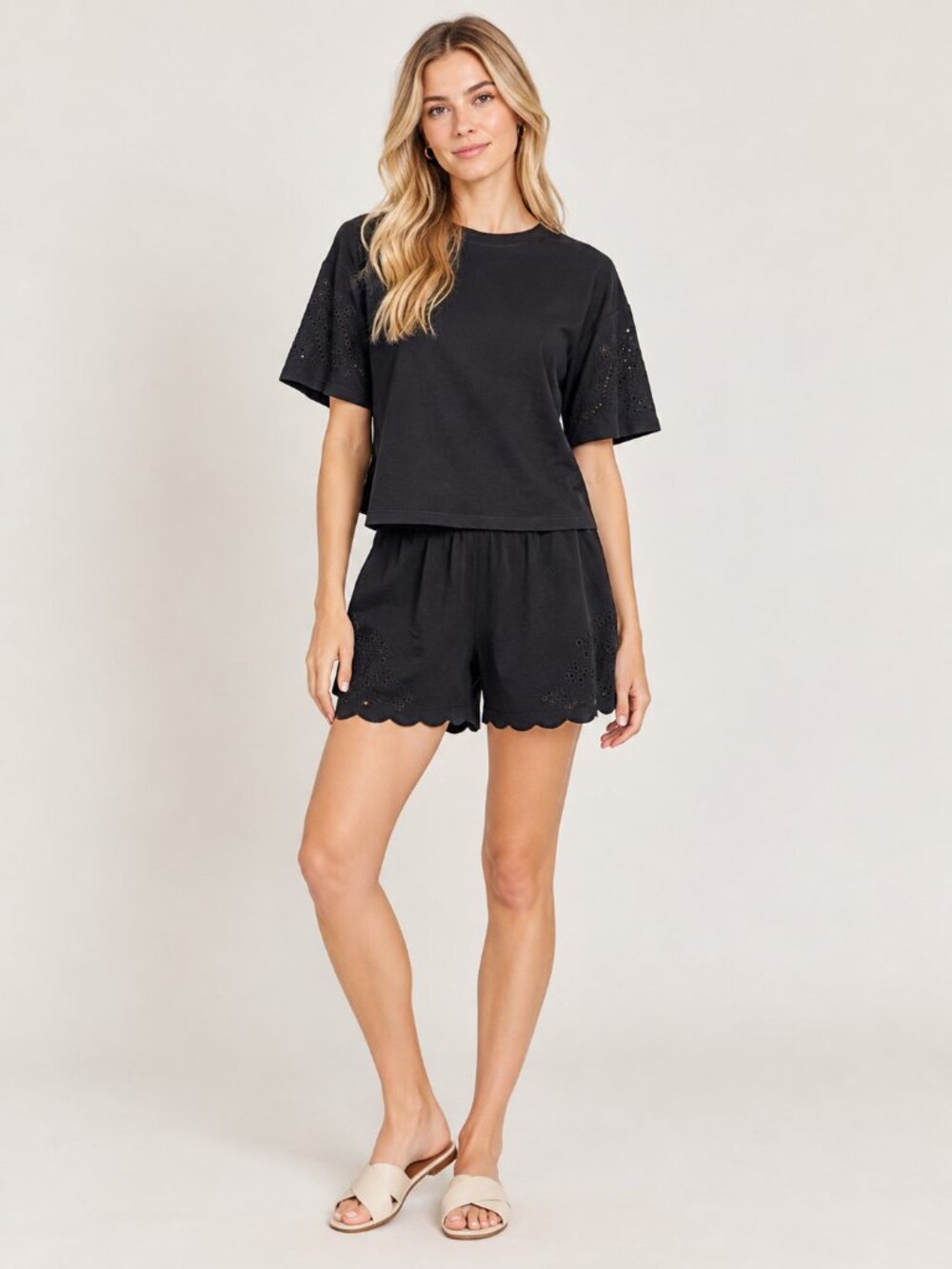 NWT Elie Tahari Two-Piece Set Eyelet Tee and Scallop Short Black Large #A5224